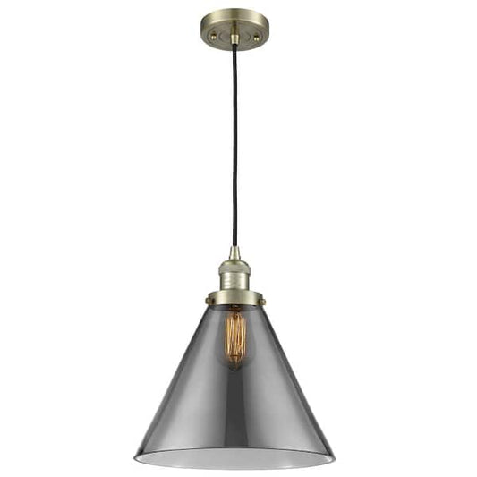 Cone 60-Watt 1 Light Antique Brass Shaded Mini Pendant Light with Tinted Glass Shade