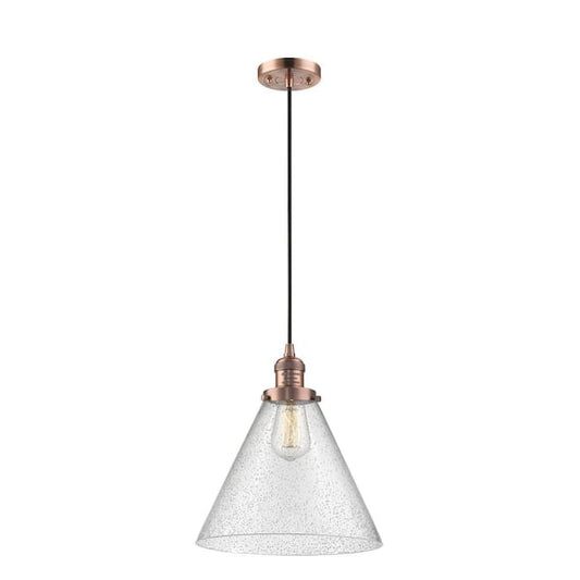 Cone 60-Watt 1 Light Antique Copper Shaded Mini Pendant Light with Seeded glass Seeded Glass Shade