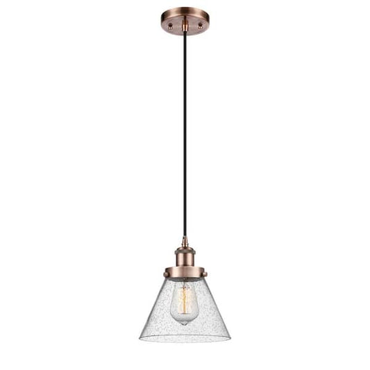 Cone 60-Watt 1 Light Antique Copper Shaded Mini Pendant Light with Seeded Glass Shade