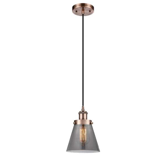 Cone 60-Watt 1 Light Antique Copper Shaded Mini Pendant Light with Tinted glass Tinted Glass Shade