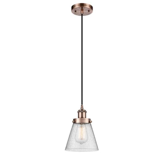 Cone 60-Watt 1 Light Antique Copper Shaded Mini Pendant Light with Seeded glass Seeded Glass Shade