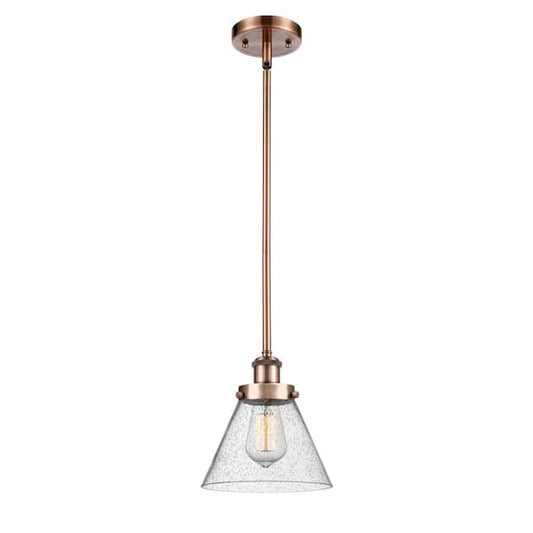 Cone 60-Watt 1 Light Antique Copper Shaded Mini Pendant Light with Seeded Glass Shade