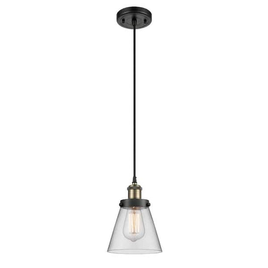 Cone 60-Watt 1 Light Black Antique Brass Shaded Mini Pendant Light with Clear Glass Shade